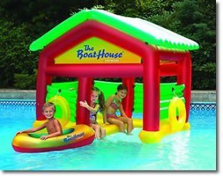 Floating Inflatable Pool House & Garage Toy, Extra Boat, Raft & Ring
