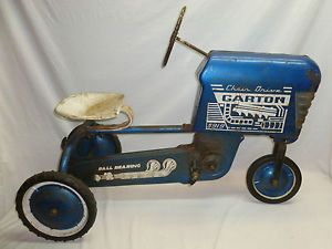 Vtg Old Antique Metal Garton Chain Drive Blue Tractor Pedal Car Ride on Toy