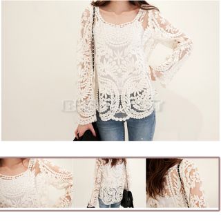Women Sheer Sleeve Embroidery Floral Lace Crochet Tee T Shirt Top Blouse White