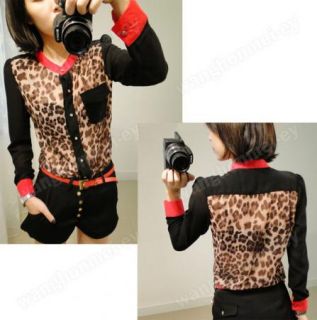 Sexy Womens Leopard Print Chiffon Tops Pocket Blouse Long Sleeve Collared Shirt
