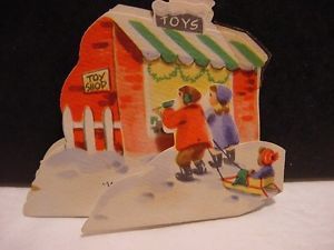 Vintage 1950 Christmas 2 D Gift Tag Kids in Snow Looking Into Toy Shop Window