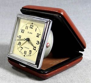 Vintage USSR Soviet Russian Slava Travel Alarm Clock Watch 11 Jewel Folding Case