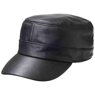 New Mens Womens Black Solid Leather Biker Flat Cap Adjustable Motorcycle Hat