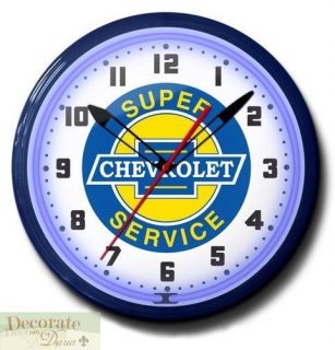 Chevy Super Service Neon 20" Wall Clock Made in The USA 1 Year Warranty New
