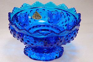 Fenton Blue Hobnail Candle Holder Flower Bowl Patent 3547569 with Original Label