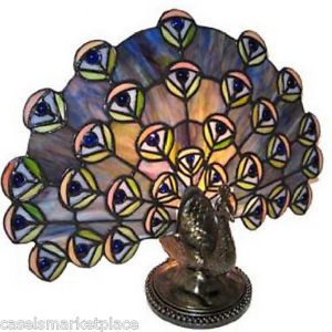 Lighting Designs Tiffany Style Peacock Glass Metal Accent Table Lamp Light
