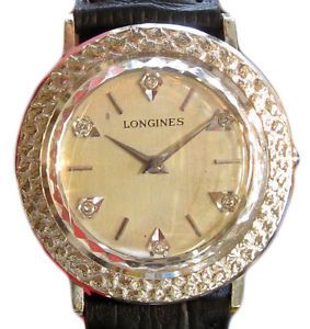Mens Vintage Longines 14 Karat White Gold Watch with Diamond Hour Markers
