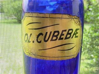 Apothecary Cobalt Blue OL Cubebae Glass Gold Leaf Label Medicines RARE Antique