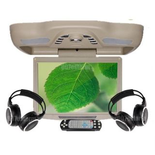 Beige 12 1" HD LCD Car DVD Player Roof Mount TV FM Monitor IR Headphones Handle