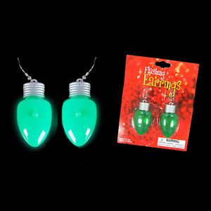 Green Christmas Tree Light Bulb LIGHTBULB Flashing Light Up Earrings Bright LED