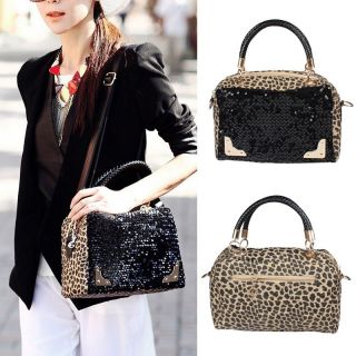 Fashion Women Lady Casual Leopard Paillette PU Leather Shoulder Bag Handbag 1