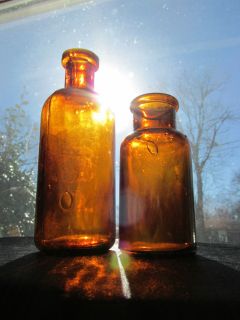 2 Antique Late 1800's Amber Medicine Bottles