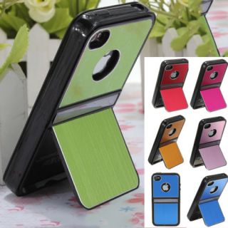 Metal Aluminum TPU Hard Case Cover w Chrome Built in Stand for Apple iPhone 4 4S