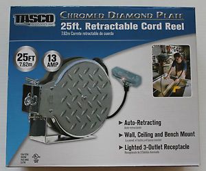Tasco Chromed Diamond Plate 25ft Retractable Extension Cord Reel 3 Plug 13 Amp