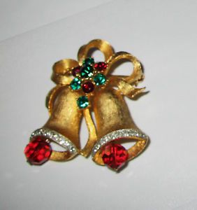 Vintage Weiss Signed Multicolored Rhinestone Christmas Bells Brooch Pin VGC NR
