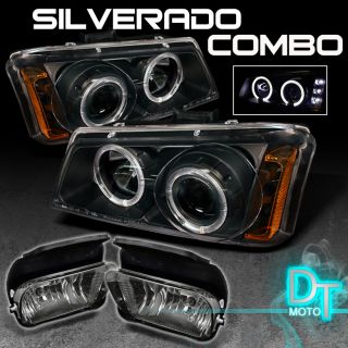 03 06 Chevy Silverado LED Twin Halo Projector Black Head Lights Smoke Fog Lamps