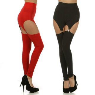S M L Leggings Garter Solid Black Red Stretch Skinny Sexy Pants Womens New Club