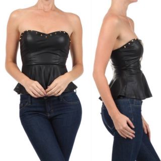 S M L Top Strapless Tube Faux Leather Studded Peplum Sweetheart Black Sexy New