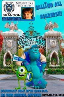 Monsters University Birthday Party Invitations Personalized Custom Printable