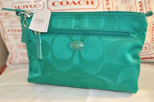 Coach Signature Jade Green Travel Cosmetic Case Large 77391 Bag Clutch New