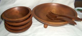 Vtg Mid Century Woodcraftery Wooden Footed Salad Bowl Set 7 PC
