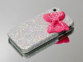 Silver Bling Glitter Cute Girls Big Red 3D Bow Hard Case Cover for iPhone 4 4S