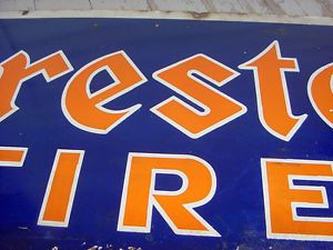 Old Vintage Firestone Tires "Most Miles per Dollar" Gas Station Porcelain Sign