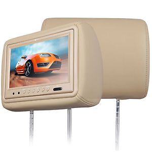 L0262 2X 9"Beige Leather Car Digital Sccreen Headrest Monitor Pillow w IR Remote