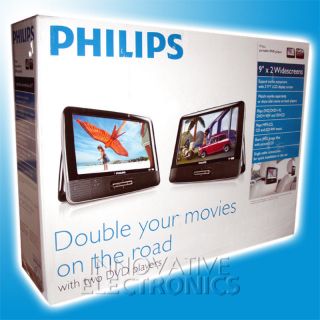 New Philips Twin Dual 9" LCD Portable Car DVD Player w Auto AC Adapter PD9016
