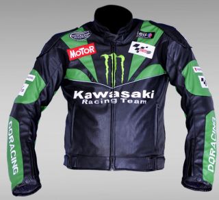 Men's Kawasaki Black Green PU Leather Motorcycle Racing Jacket Off Road s XXXL