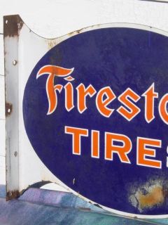 Old Original Porcelain Firestone Tires Flange Sign 21"w as Found