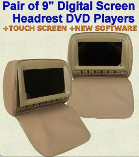 Pair Autotain Tan 9 inch Digital Touch Screen Car Headrest Monitor DVD Players