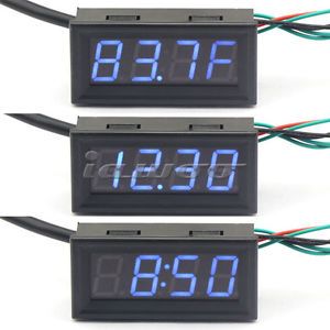 12 Volt Digital Car Clock °F Thermometer Voltage Gauge Automotive Meter Blue LED