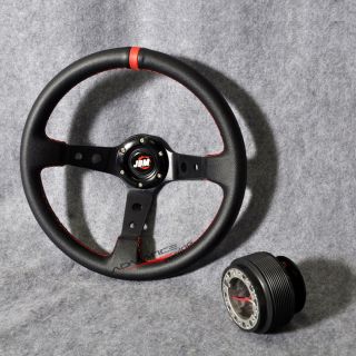 JDM Black PVC Leather Red Stitch Deep Dish 350mm 35cm Steering Wheel Hub Adapter