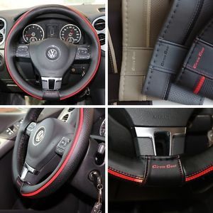 47013 14" 15" 38cm Steering Wheel Cover Black Red Leather Fiat Wrap BMW Audi SUV