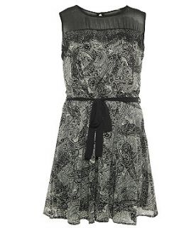 Koko Black Flocked Paisley Print Sheer Panel Dress