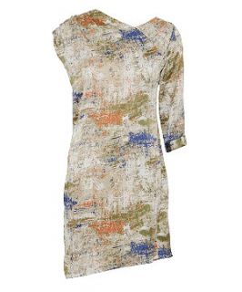 Atelier 61 Cream and Green Abstract Print Asymmetric Sleeve Dress