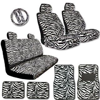 New Premium Grade 15 Pieces Zebra Print Low Back Front Car Seat, Rear Bench Cover with Head Rest Cover and 4 Pieces Floor Mats Set Automotive