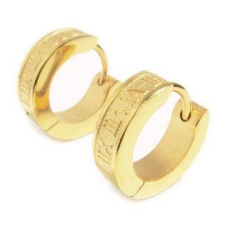 Pair Stainless Steel Gold Color Roman Number Hoop Earrings Jewelry