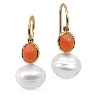 Genuine IceCarats Designer Jewelry Gift 14K White Gold South Sea And Genuine Coral Earring. South Sea And Genuine Coral Earrings In 14K White Gold IceCarats Jewelry