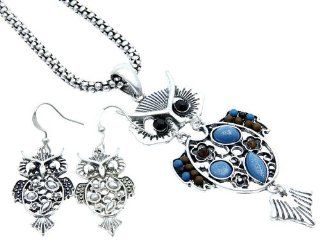 Fashion Jewelry ~ Silvertone Turquoise Mix Color Beads Owl Charm Necklace and Earrings Set (Style BUS2058SOTUQ) Jewelry