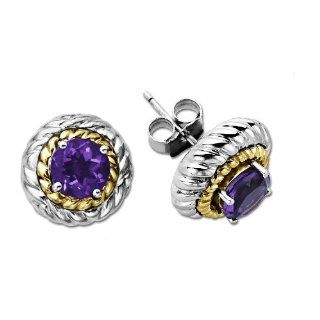 S&G Sterling Silver and 14k Yellow Gold Amethyst Stud Earrings Jewelry