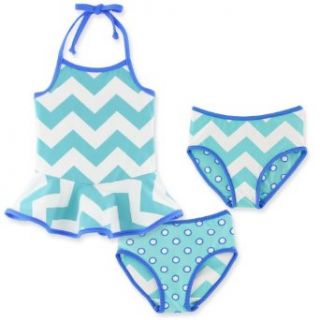 Chez Ami by Patsy Aiken Designs Girls Swim Two Piece Ruffle Swim Suit Set Aqua/Blue/White Zig Zag Print UPF 50+   Size 8 Clothing