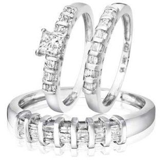 1 1/4 Carat T.W. Princess Cut Diamond Solitaire Trio Ring Set 14K White Gold MyTrioRings Jewelry