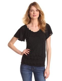 Wrangler Women's Lace Applique Knit Top, Black, Small Clothing