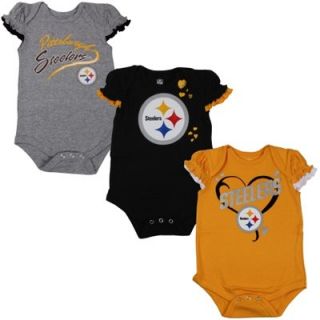 Pittsburgh Steelers Infant Girls 3 Piece Ruffle Heart Creeper Set   Ash/Black/Gold