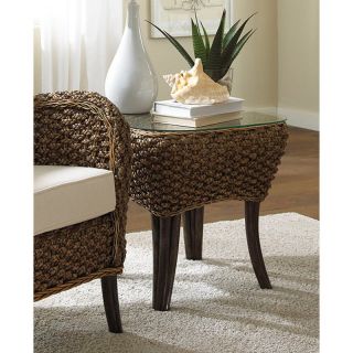 Hospitality Rattan Cozmel Full Frame Wicker End Table with Glass   Antique   End Tables