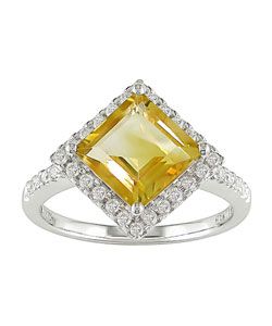 14k White Gold Square Citrine and Diamond Ring Gemstone Rings