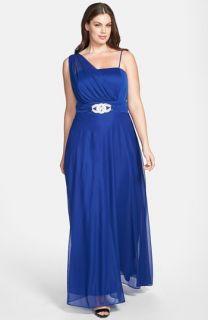 Betsy & Adam Embellished Waist One Shoulder Chiffon Gown (Plus Size)