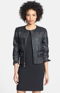 Vince Camuto Collarless Perforated Stripe Faux Leather Jacket